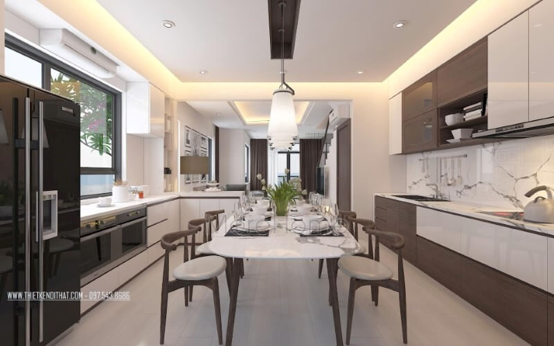 Phòng bếp hiện đại độc đáo với nội thất gỗ óc chó chủ điểm nhấn. Thiết kế phòng bếp đẹp và sang trọng