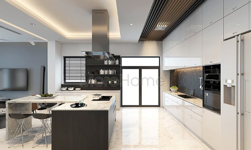 Mẫu tủ bếp chữ i gỗ An Cường hiện đại, liền kề là chiếc bàn đảo tích hợp công năng là bàn ăn phụ tạo tiện nghi cho chủ nhân ngôi nhà Tủ bếp gỗ công nghiệp và tủ bếp acrylic