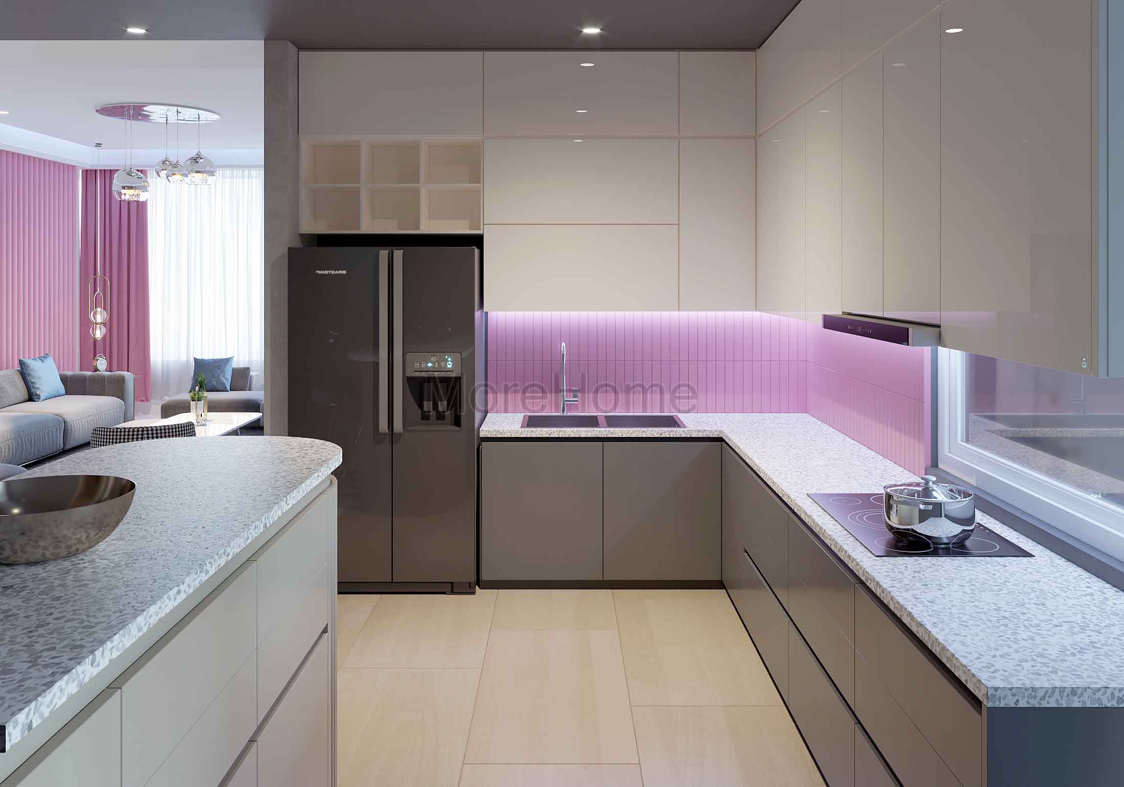 Mẫu tủ bếp gỗ chữ L màu trắng hiện đại, tiện nghi cho người nội trợ Tủ bếp gỗ công nghiệp và tủ bếp acrylic