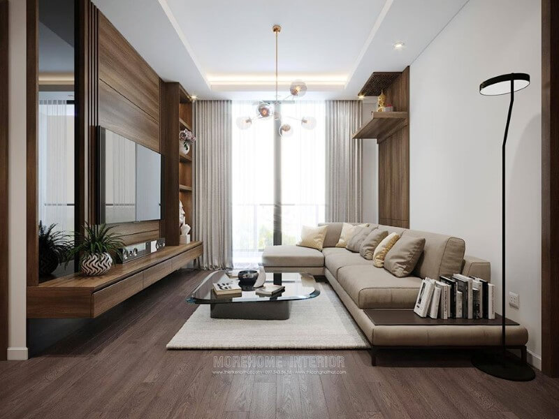 Phòng khách chung cư thiết kế đẹp mắt với đồ nội thất gỗ công nghiệp Mẫu nội thất chung cư
