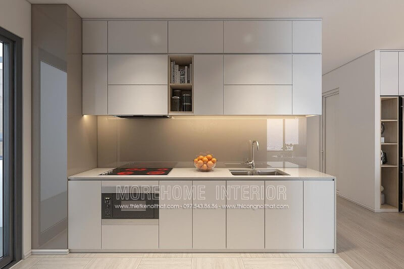 Trang trí nội thất phòng bếp chung cư nhỏ ấn tượng với mẫu tủ bếp hiện đại, màu trắng Thiết kế tủ bếp đẹp
