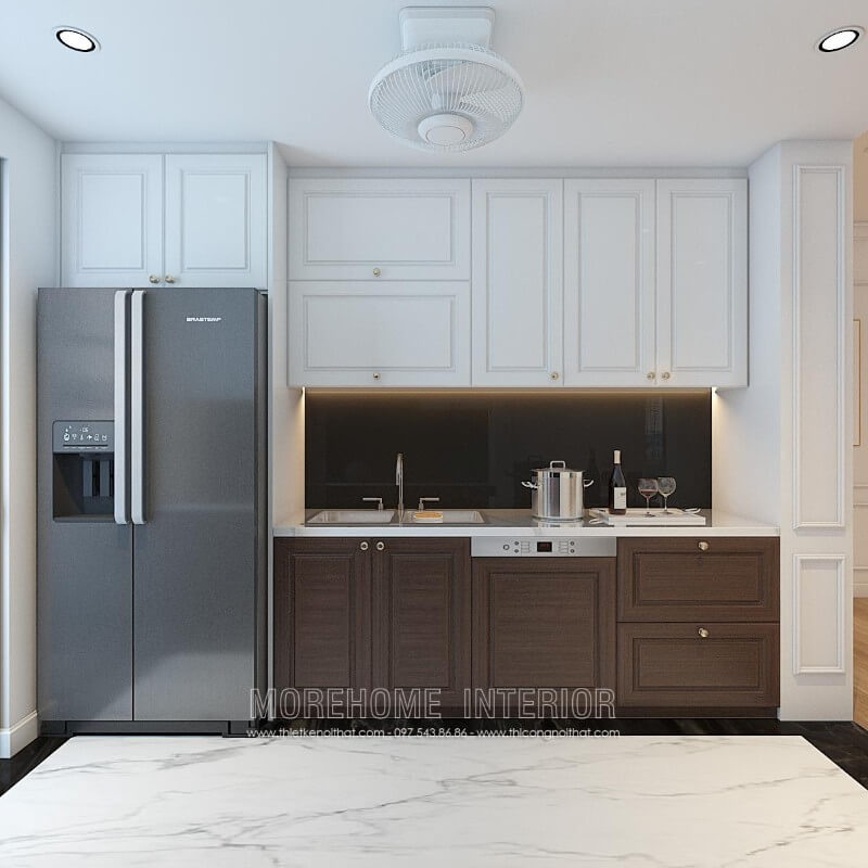 Mẫu tủ bếp đẹp được thiết kế cho nhà chung cư nhỏ với kiểu dáng chữ I nhỏ gọn, tinh tế, hiện đại Thiết kế tủ bếp đẹp