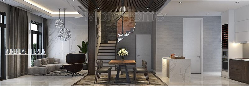 Trang trí phòng khách, bếp ăn hiện đại độc lập nhưng không sử dụng rèm che giúp không gian trở nên thông thoáng, rộng rãi. Thiết kế nội thất phòng ăn biệt thự