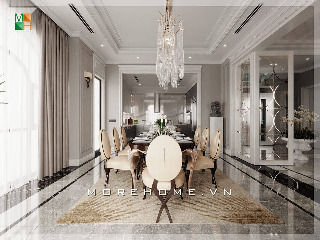 Mẫu bàn ăn gỗ 8 ghế ăn bọc da chân gỗ óc chó cao cấp biến phòng ăn trở nên thêm sang trọng và đẳng cấp. Thiết kế nội thất phòng ăn biệt thự