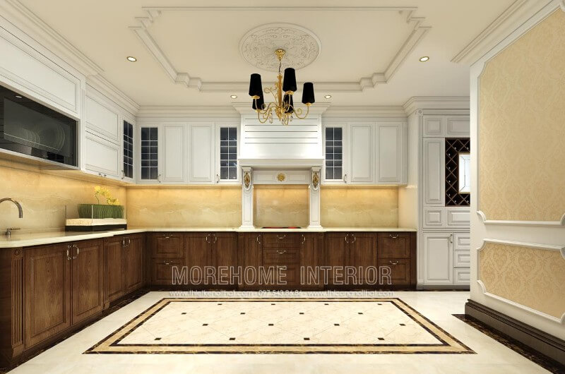 Tủ bếp gỗ óc chó kiểu dáng chữ L ấn tượng, chất liệu gỗ sồi phun sơn trắng cũng được KTS lựa chọn nhằm mang lại không gian nhà bếp nhẹ nhàng, tinh tế và không quá nặng nề, bí bách. Tủ bếp hiện đại, tủ bếp chữ u, tủ bếp chữ i, tủ bếp chữ l