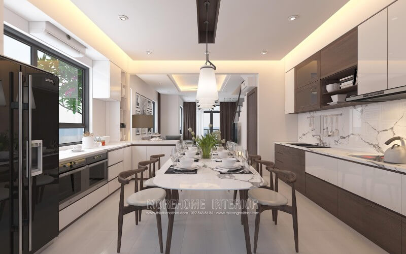 Thiết kế tủ bếp âm tường vô cùng ấn tượng, lạ mắt, tủ bếp kiểu dáng chữ i kết hợp chữ L được đặt đối diện song song với nhau tạo sự thuận tiện cho gia chủ trong quá trình di chuyển nấu nướng Tủ bếp hiện đại, tủ bếp chữ u, tủ bếp chữ i, tủ bếp chữ l