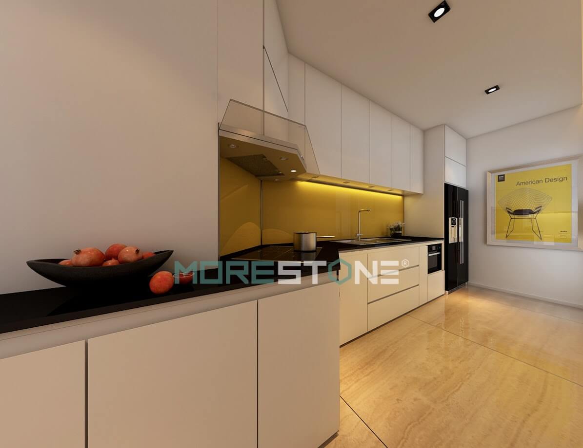 Đá bếp nhân tạo màu đen có độ bóng cao, đảm bảo vệ sinh và độ bền màu Thiết kế và sản xuất tủ bếp đẹp