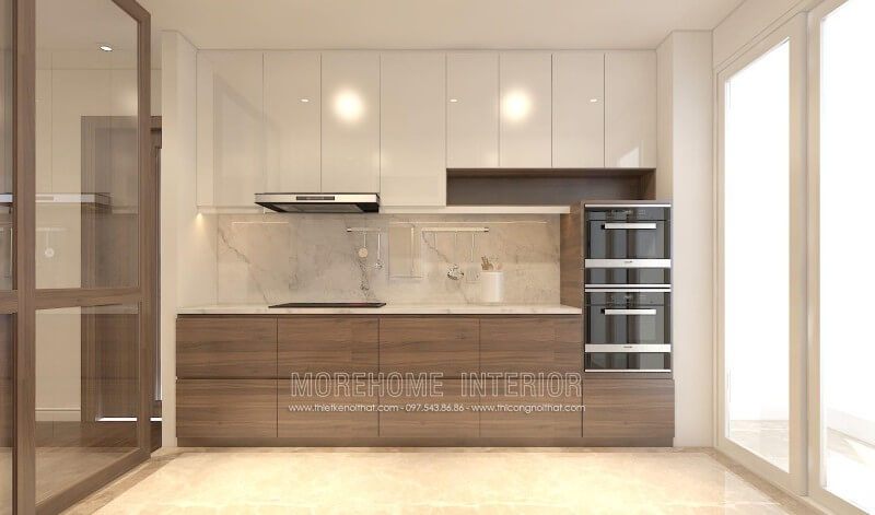 Thiết kế tủ bếp chữ i hiện đại được sử dụng chất liệu gỗ công nghiệp MDF lõi xanh, chịu ẩm, bề mặt cánh có sự kết hợp của Acrylic và Laminate mang lại sự sang trọng cũng như độ bền cao