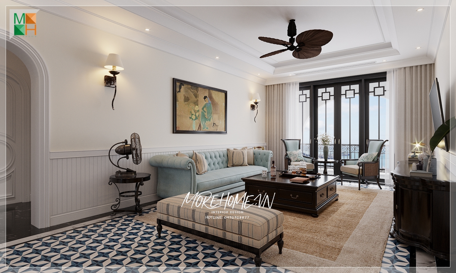 Bàn trà tối màu được đặt ở vị trí trung tâm giúp phòng khách nổi bật và ấn tượng hoen trong mắt người nhìn.
