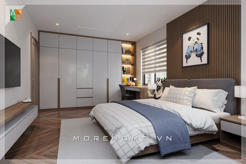 Mẫu tủ quần áo gỗ công nghiệp Acrylic kiểu dáng cánh mở đơn giản, kết hợp kệ sách trang trí liền bàn làm việc, vừa tiện nghi khi sử dụng mà vẫn mang đến vẻ đẹp hiện đại cao cấp cho căn phòng