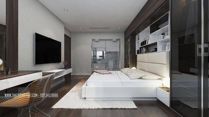 Thiết kế nội thất phòng ngủ master nhà chung cư tiện nghi bài trí đồ nội thất đa năng tạo nên không gian nghỉ ngơi và thư giãn tuyệt vời.