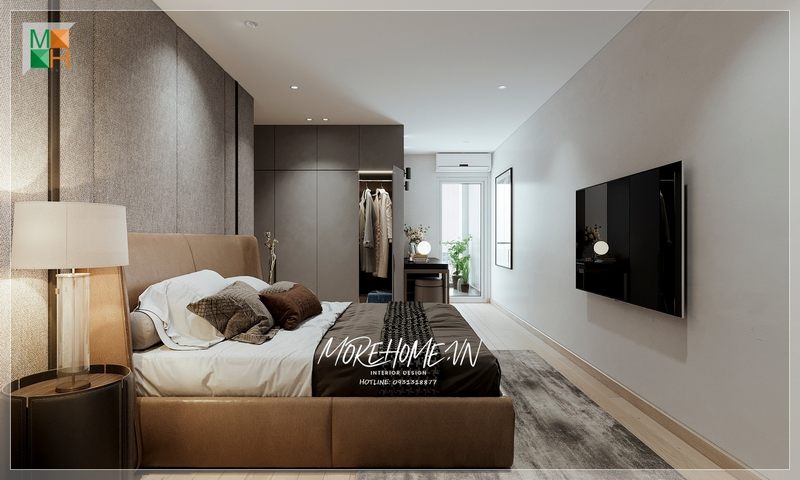 Phòng ngủ căn hộ với diện tích không quá rộng nội thất thiết kế sao cho phù hợp phục vụ tốt cho quá trình sử dụng sinh hoạt hằng ngày của gia chủ