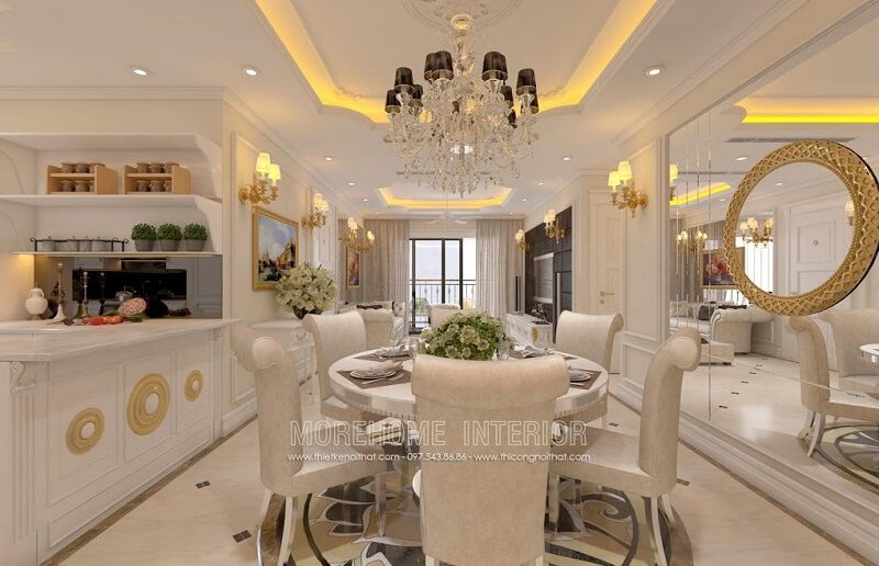 Mẫu bàn ăncao cấp với thiết kế độc đáo mặt bàn kính hình tròn kết hợp mẫu ghế ăn tân cổ điển cao cấp tạo điểm nhấn nổi bật cho căn phòng