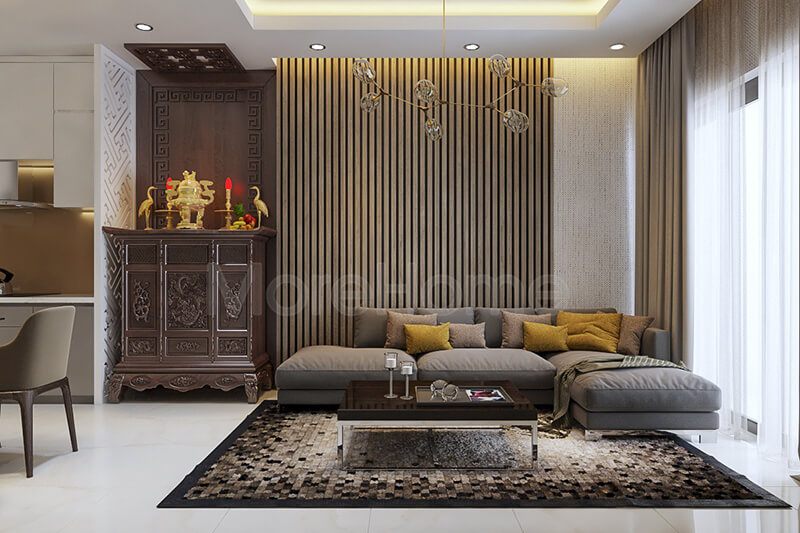 Mẫu tủ thờ hiện đại màu nâu sáng với kiểu dáng nhỏ gọn giúp tiết kiệm diện tích không gian phòng khách chung cư.