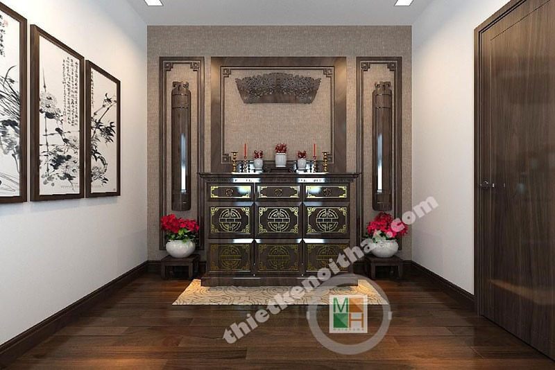 Mẫu tủ thờ gỗ tự nhiên sang trọng, với thiết kế nhiều ngăn kéo giúp thuận tiền để đồ thờ cúng sạch sẽ